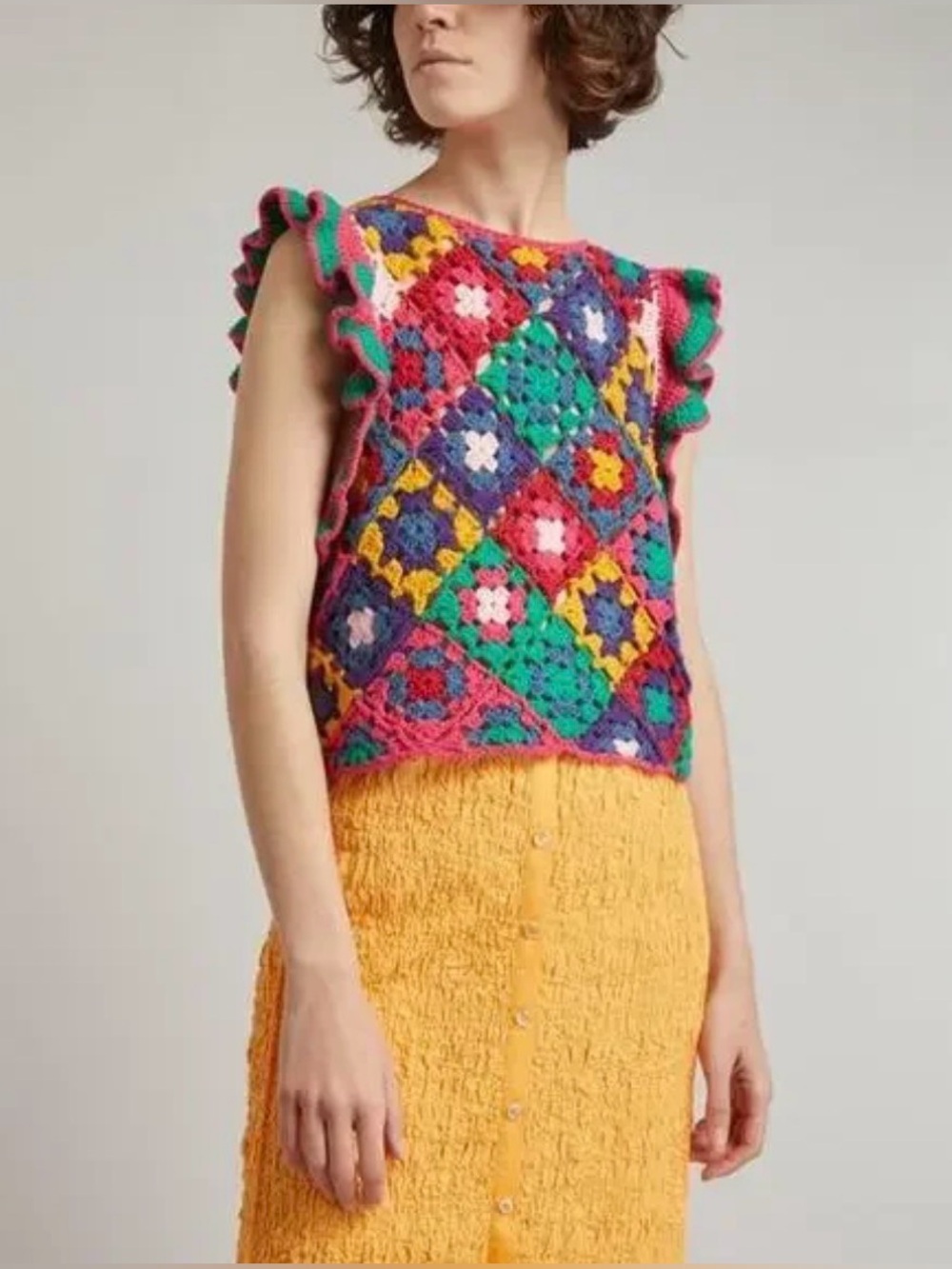 FARM Rio Crochet Square Vest Red Multi Butterfly Sleeves Size S